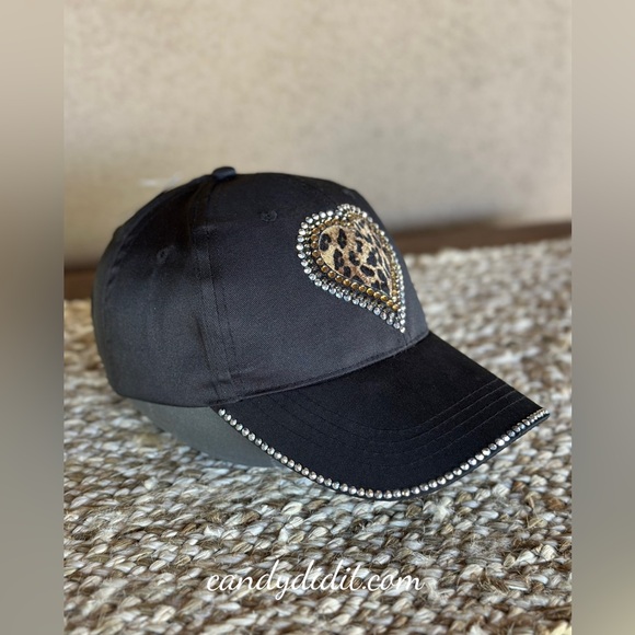 NWT Handmade Black Ball Cap, Animal Print Heart Lined With Crystals - Picture 7 of 10